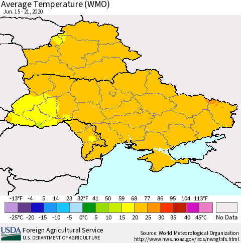Ukraine, Moldova and Belarus Average Temperature (WMO) Thematic Map For 6/15/2020 - 6/21/2020
