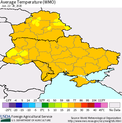 Ukraine, Moldova and Belarus Average Temperature (WMO) Thematic Map For 6/22/2020 - 6/28/2020