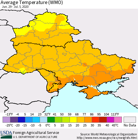 Ukraine, Moldova and Belarus Average Temperature (WMO) Thematic Map For 6/29/2020 - 7/5/2020