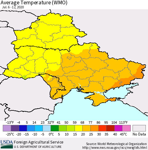Ukraine, Moldova and Belarus Average Temperature (WMO) Thematic Map For 7/6/2020 - 7/12/2020