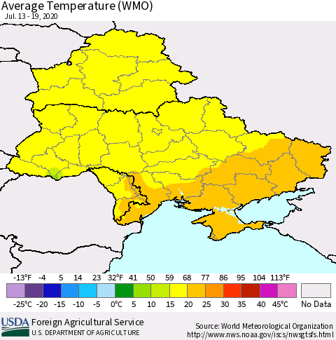 Ukraine, Moldova and Belarus Average Temperature (WMO) Thematic Map For 7/13/2020 - 7/19/2020