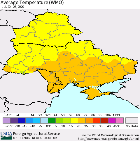 Ukraine, Moldova and Belarus Average Temperature (WMO) Thematic Map For 7/20/2020 - 7/26/2020