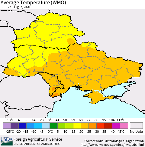 Ukraine, Moldova and Belarus Average Temperature (WMO) Thematic Map For 7/27/2020 - 8/2/2020