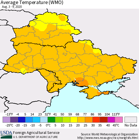 Ukraine, Moldova and Belarus Average Temperature (WMO) Thematic Map For 8/3/2020 - 8/9/2020