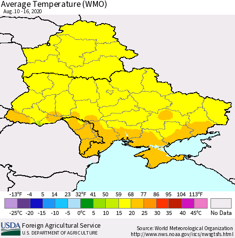 Ukraine, Moldova and Belarus Average Temperature (WMO) Thematic Map For 8/10/2020 - 8/16/2020