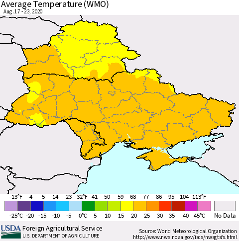 Ukraine, Moldova and Belarus Average Temperature (WMO) Thematic Map For 8/17/2020 - 8/23/2020
