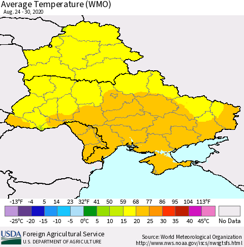Ukraine, Moldova and Belarus Average Temperature (WMO) Thematic Map For 8/24/2020 - 8/30/2020