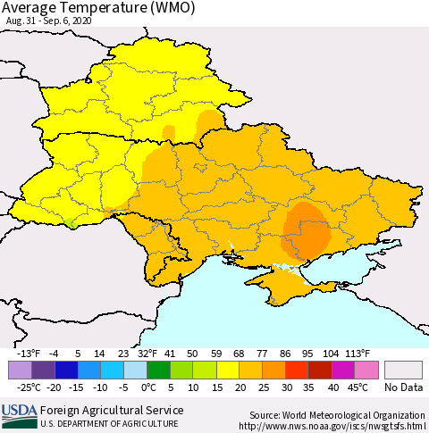 Ukraine, Moldova and Belarus Average Temperature (WMO) Thematic Map For 8/31/2020 - 9/6/2020