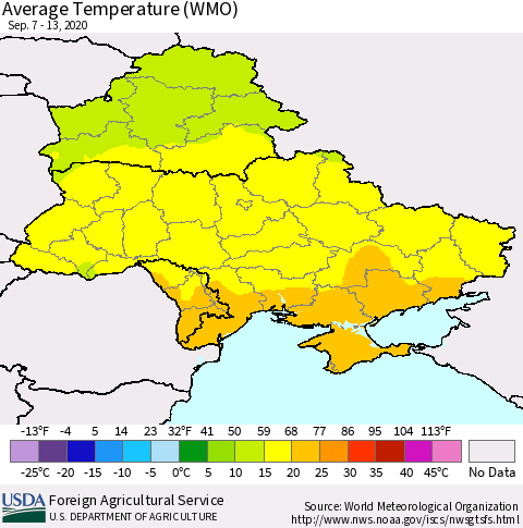 Ukraine, Moldova and Belarus Average Temperature (WMO) Thematic Map For 9/7/2020 - 9/13/2020