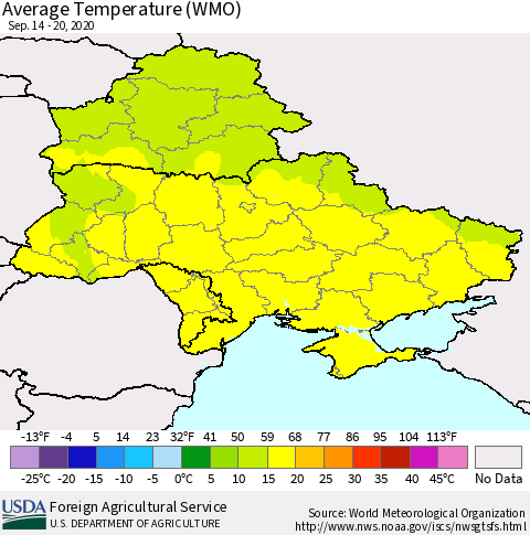 Ukraine, Moldova and Belarus Average Temperature (WMO) Thematic Map For 9/14/2020 - 9/20/2020