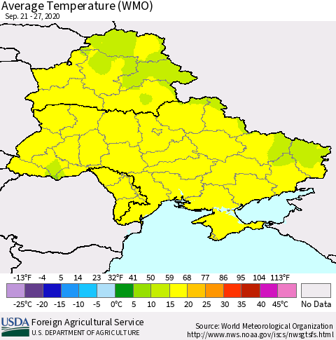 Ukraine, Moldova and Belarus Average Temperature (WMO) Thematic Map For 9/21/2020 - 9/27/2020