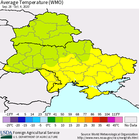 Ukraine, Moldova and Belarus Average Temperature (WMO) Thematic Map For 9/28/2020 - 10/4/2020