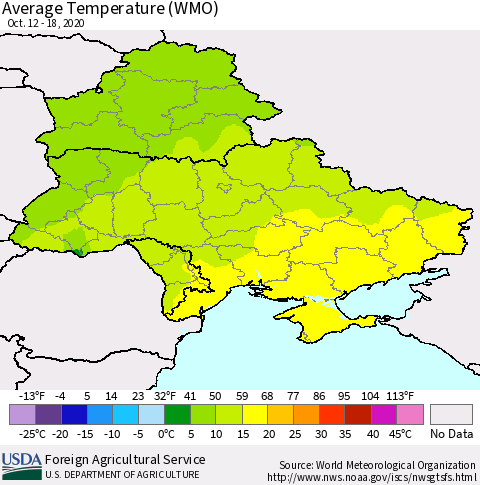 Ukraine, Moldova and Belarus Average Temperature (WMO) Thematic Map For 10/12/2020 - 10/18/2020