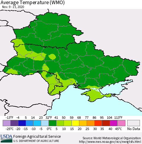 Ukraine, Moldova and Belarus Average Temperature (WMO) Thematic Map For 11/9/2020 - 11/15/2020