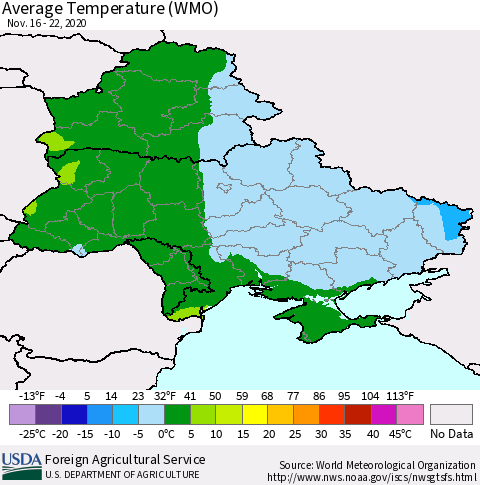 Ukraine, Moldova and Belarus Average Temperature (WMO) Thematic Map For 11/16/2020 - 11/22/2020