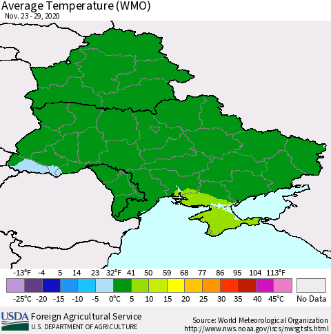 Ukraine, Moldova and Belarus Average Temperature (WMO) Thematic Map For 11/23/2020 - 11/29/2020