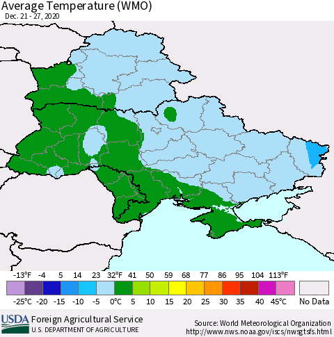 Ukraine, Moldova and Belarus Average Temperature (WMO) Thematic Map For 12/21/2020 - 12/27/2020