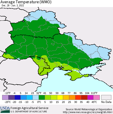 Ukraine, Moldova and Belarus Average Temperature (WMO) Thematic Map For 12/28/2020 - 1/3/2021