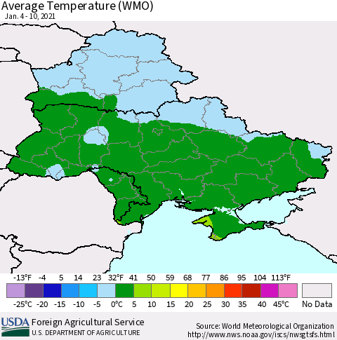 Ukraine, Moldova and Belarus Average Temperature (WMO) Thematic Map For 1/4/2021 - 1/10/2021