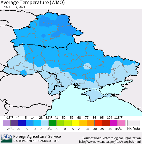 Ukraine, Moldova and Belarus Average Temperature (WMO) Thematic Map For 1/11/2021 - 1/17/2021