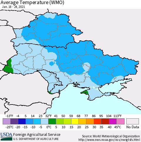 Ukraine, Moldova and Belarus Average Temperature (WMO) Thematic Map For 1/18/2021 - 1/24/2021