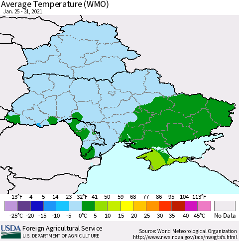 Ukraine, Moldova and Belarus Average Temperature (WMO) Thematic Map For 1/25/2021 - 1/31/2021