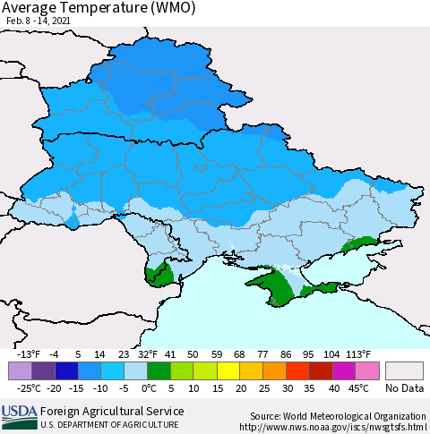 Ukraine, Moldova and Belarus Average Temperature (WMO) Thematic Map For 2/8/2021 - 2/14/2021