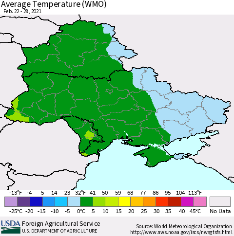 Ukraine, Moldova and Belarus Average Temperature (WMO) Thematic Map For 2/22/2021 - 2/28/2021