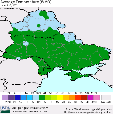 Ukraine, Moldova and Belarus Average Temperature (WMO) Thematic Map For 3/1/2021 - 3/7/2021