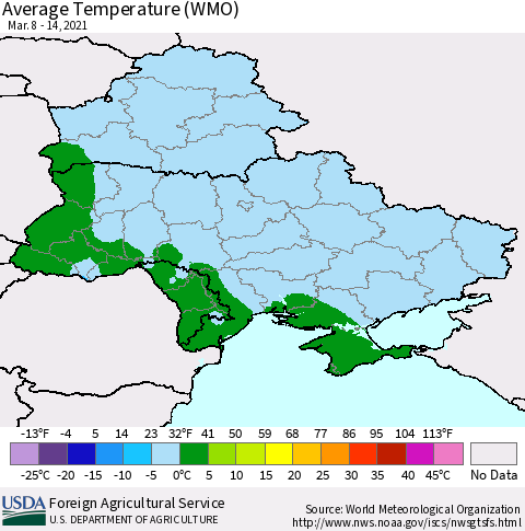 Ukraine, Moldova and Belarus Average Temperature (WMO) Thematic Map For 3/8/2021 - 3/14/2021