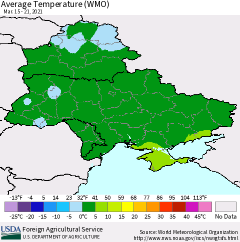 Ukraine, Moldova and Belarus Average Temperature (WMO) Thematic Map For 3/15/2021 - 3/21/2021