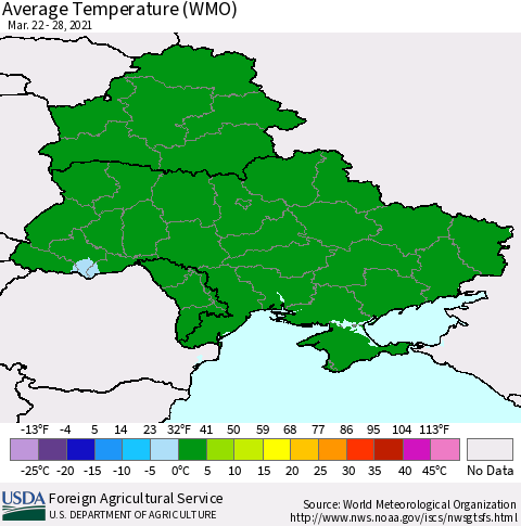 Ukraine, Moldova and Belarus Average Temperature (WMO) Thematic Map For 3/22/2021 - 3/28/2021