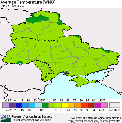 Ukraine, Moldova and Belarus Average Temperature (WMO) Thematic Map For 3/29/2021 - 4/4/2021