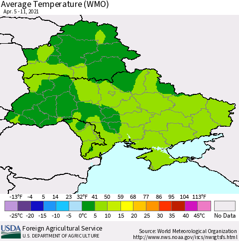 Ukraine, Moldova and Belarus Average Temperature (WMO) Thematic Map For 4/5/2021 - 4/11/2021