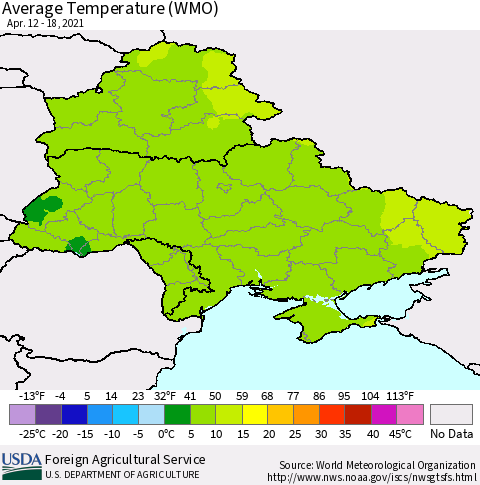 Ukraine, Moldova and Belarus Average Temperature (WMO) Thematic Map For 4/12/2021 - 4/18/2021
