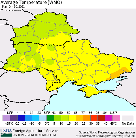 Ukraine, Moldova and Belarus Average Temperature (WMO) Thematic Map For 5/24/2021 - 5/30/2021