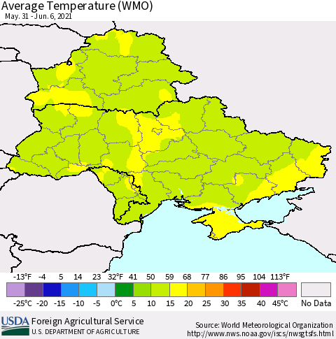 Ukraine, Moldova and Belarus Average Temperature (WMO) Thematic Map For 5/31/2021 - 6/6/2021