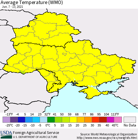 Ukraine, Moldova and Belarus Average Temperature (WMO) Thematic Map For 6/7/2021 - 6/13/2021