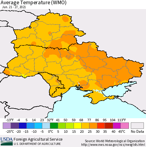Ukraine, Moldova and Belarus Average Temperature (WMO) Thematic Map For 6/21/2021 - 6/27/2021