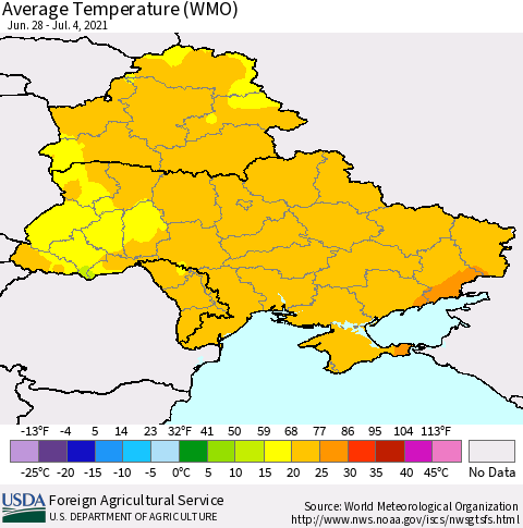 Ukraine, Moldova and Belarus Average Temperature (WMO) Thematic Map For 6/28/2021 - 7/4/2021