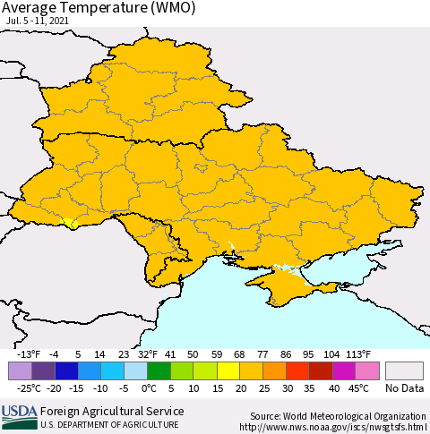 Ukraine, Moldova and Belarus Average Temperature (WMO) Thematic Map For 7/5/2021 - 7/11/2021