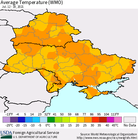 Ukraine, Moldova and Belarus Average Temperature (WMO) Thematic Map For 7/12/2021 - 7/18/2021