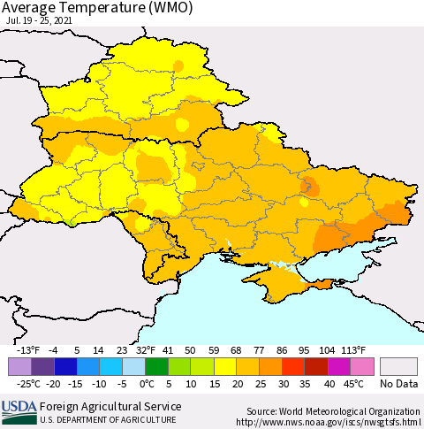 Ukraine, Moldova and Belarus Average Temperature (WMO) Thematic Map For 7/19/2021 - 7/25/2021
