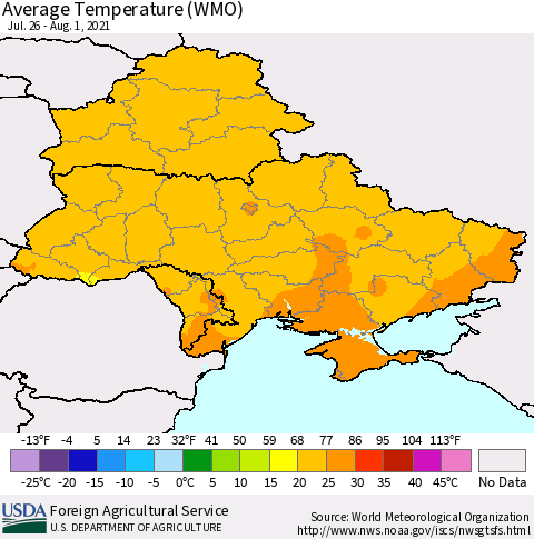 Ukraine, Moldova and Belarus Average Temperature (WMO) Thematic Map For 7/26/2021 - 8/1/2021