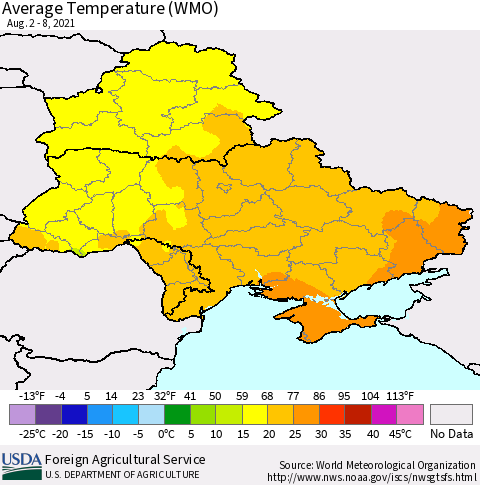 Ukraine, Moldova and Belarus Average Temperature (WMO) Thematic Map For 8/2/2021 - 8/8/2021