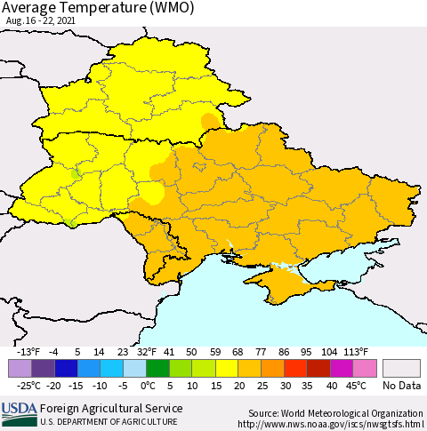 Ukraine, Moldova and Belarus Average Temperature (WMO) Thematic Map For 8/16/2021 - 8/22/2021