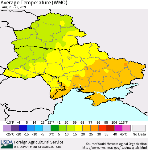 Ukraine, Moldova and Belarus Average Temperature (WMO) Thematic Map For 8/23/2021 - 8/29/2021