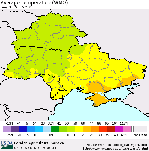 Ukraine, Moldova and Belarus Average Temperature (WMO) Thematic Map For 8/30/2021 - 9/5/2021