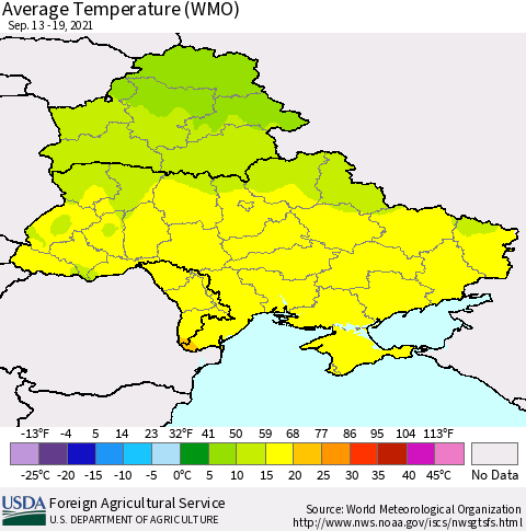 Ukraine, Moldova and Belarus Average Temperature (WMO) Thematic Map For 9/13/2021 - 9/19/2021