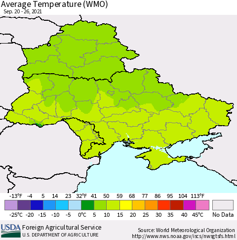Ukraine, Moldova and Belarus Average Temperature (WMO) Thematic Map For 9/20/2021 - 9/26/2021